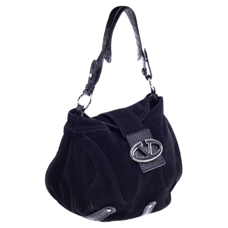 Pre Owned Valentino Black Suede and Python Leather Crystal Catch Hobo