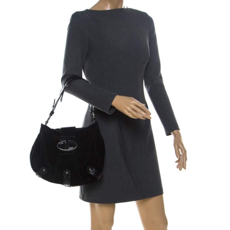 Pre Owned Valentino Black Suede and Python Leather Crystal Catch Hobo