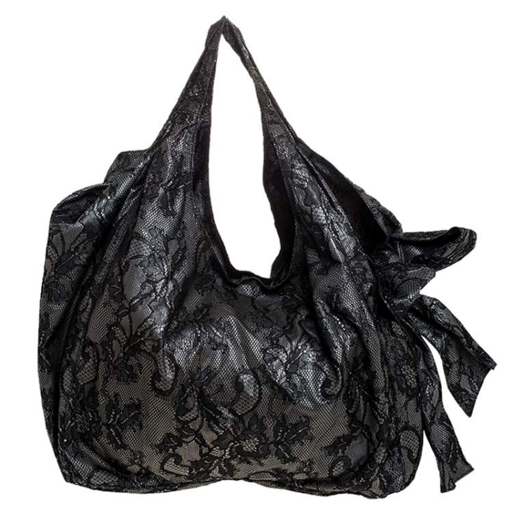 Pre Owned Valentino Black/Beige Lace Large Nuage Bow Hobo