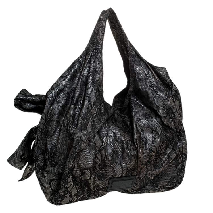 Pre Owned Valentino Black/Beige Lace Large Nuage Bow Hobo