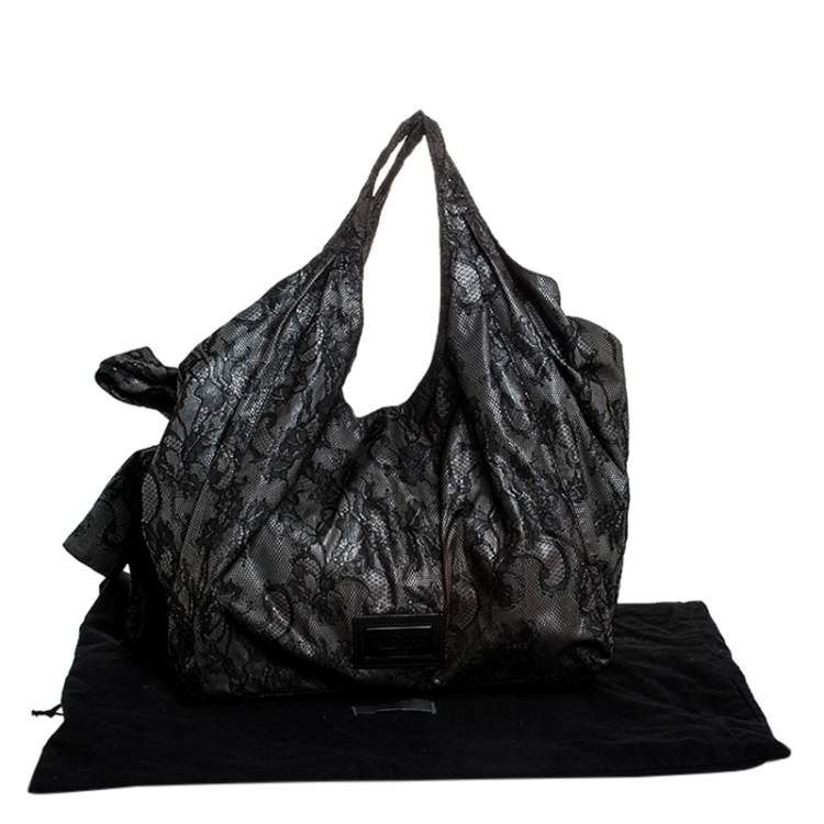 Pre Owned Valentino Black/Beige Lace Large Nuage Bow Hobo