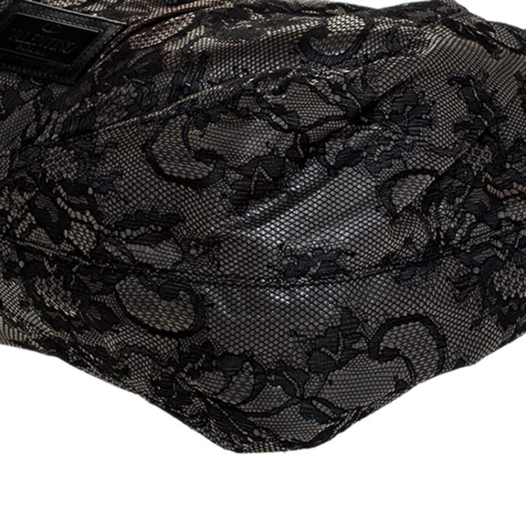 Pre Owned Valentino Black/Beige Lace Large Nuage Bow Hobo