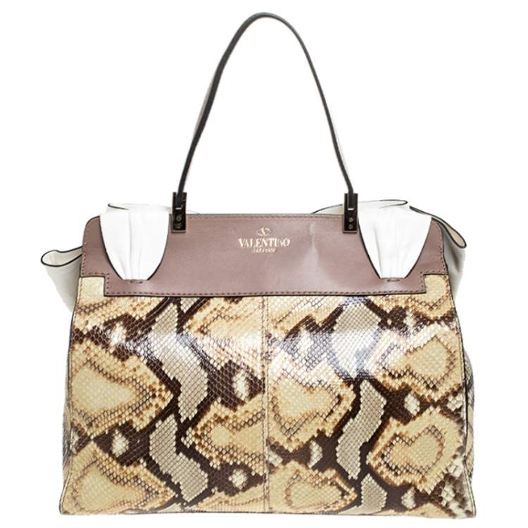 Pre Owned Valentino Black/Beige Python Print Raffia and Patent Leather Aphrodite Bow Bag