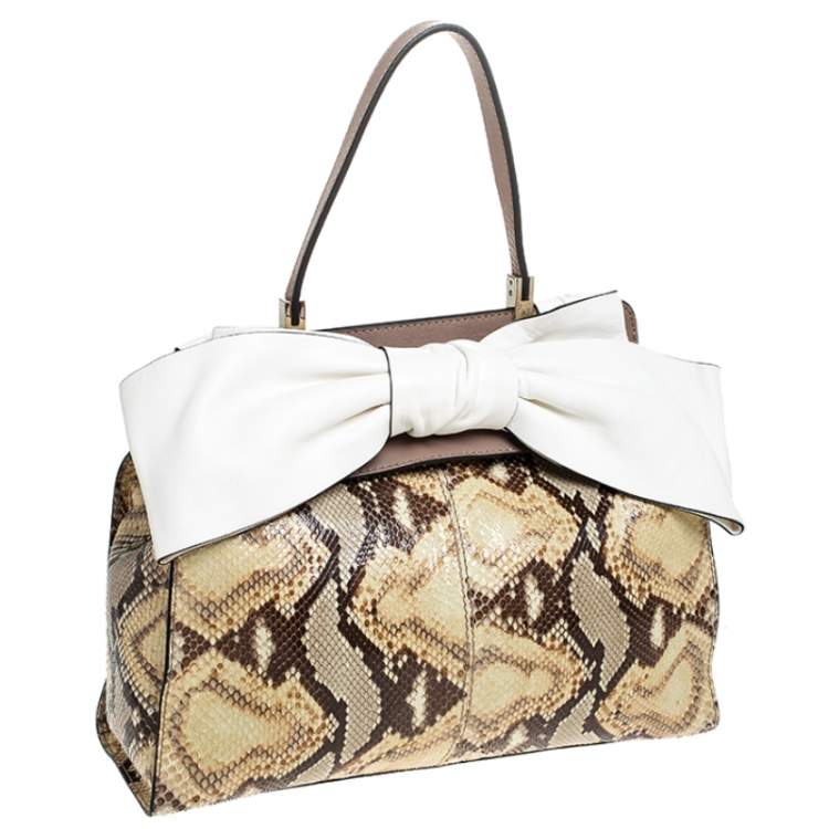 Pre Owned Valentino Black/Beige Python Print Raffia and Patent Leather Aphrodite Bow Bag