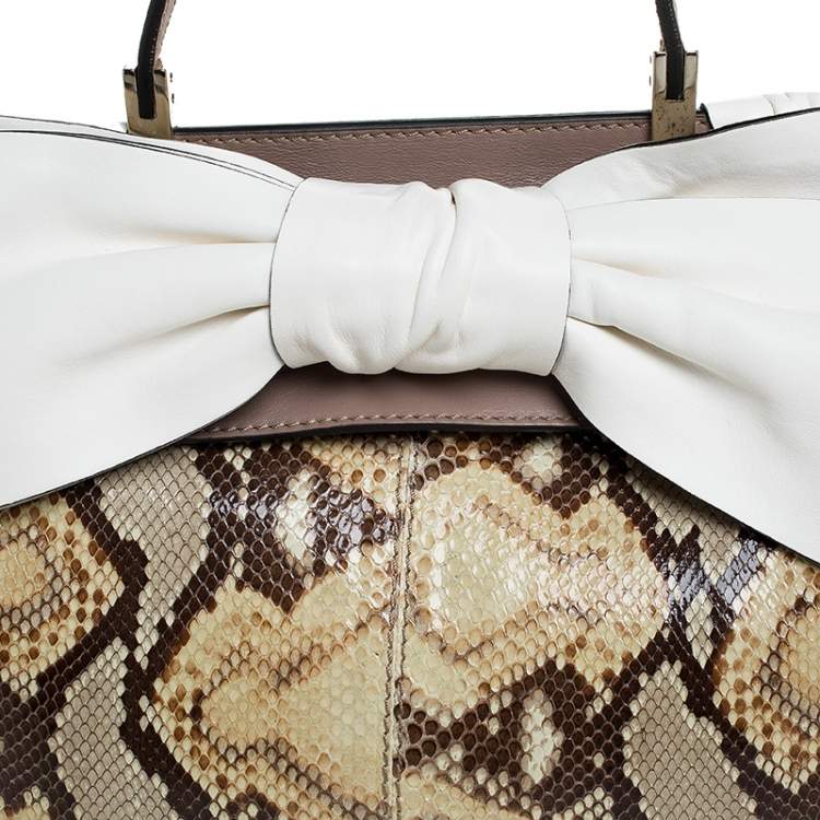 Pre Owned Valentino Black/Beige Python Print Raffia and Patent Leather Aphrodite Bow Bag