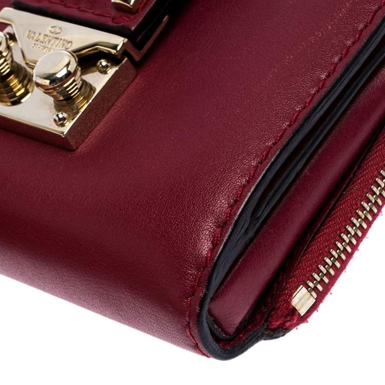 Pre Owned Valentino Maroon Leather Glam Lock Wallet