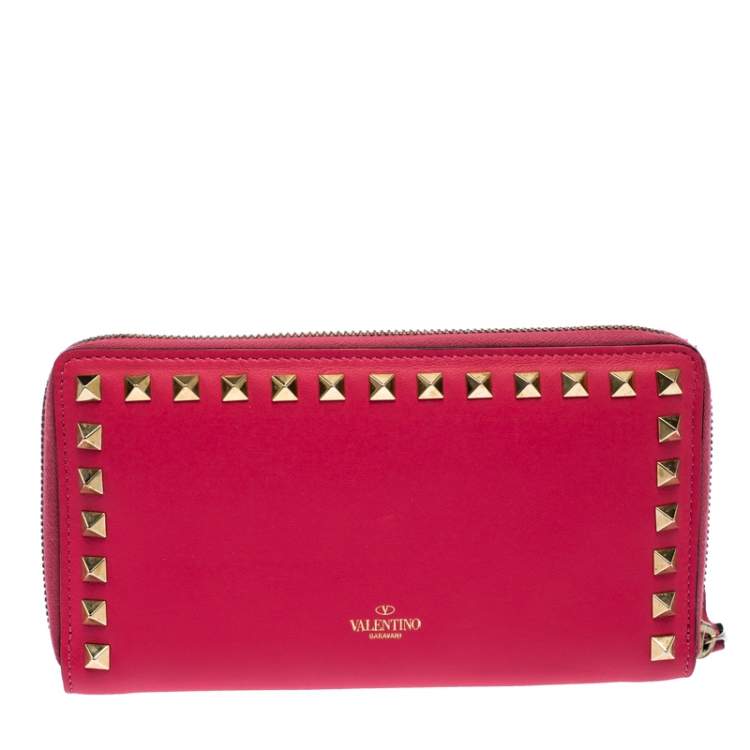 Pre Owned Valentino Hot Pink Leather Rockstud Zip Around Wallet