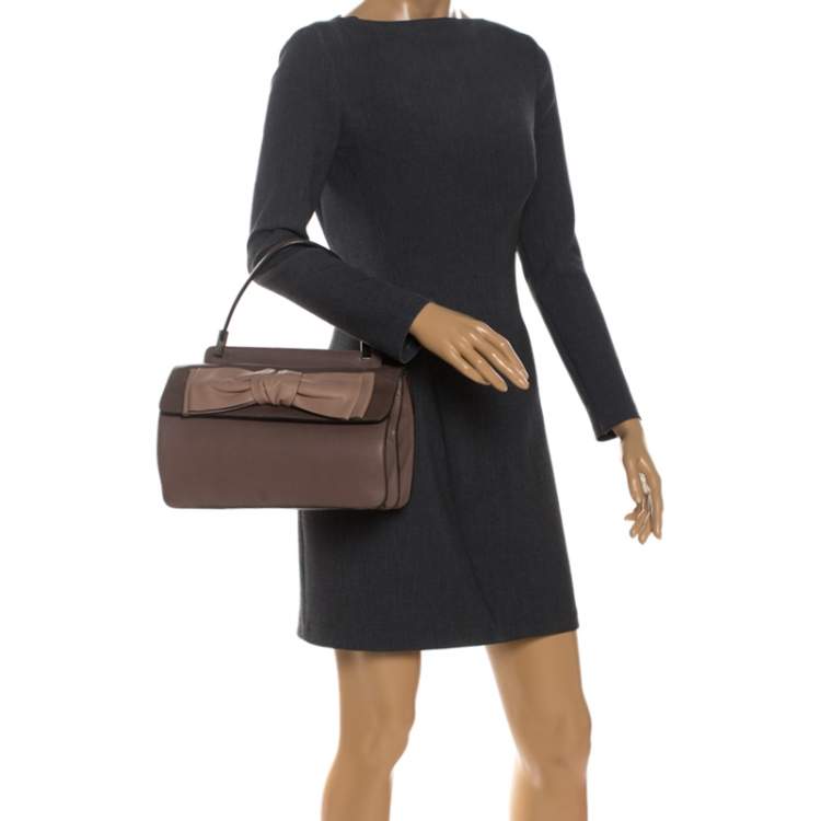Pre Owned Valentino Dark Beige Leather Bow Top Handle Bag