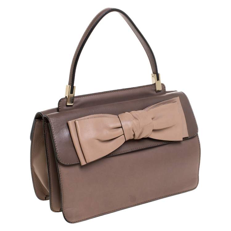Pre Owned Valentino Dark Beige Leather Bow Top Handle Bag