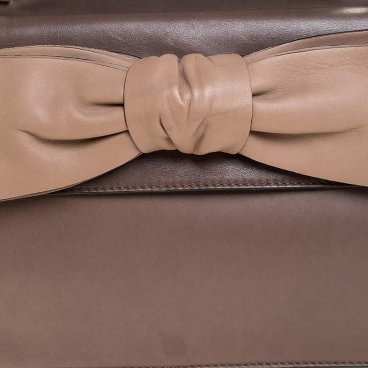 Pre Owned Valentino Dark Beige Leather Bow Top Handle Bag