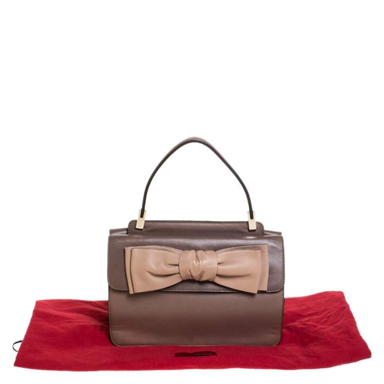 Pre Owned Valentino Dark Beige Leather Bow Top Handle Bag