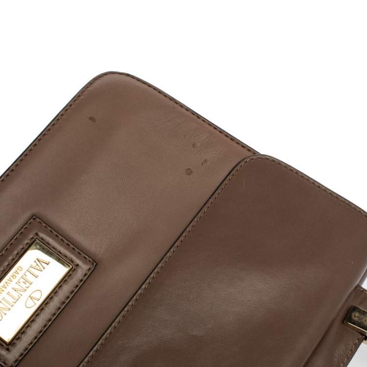 Pre Owned Valentino Dark Beige Leather Bow Top Handle Bag