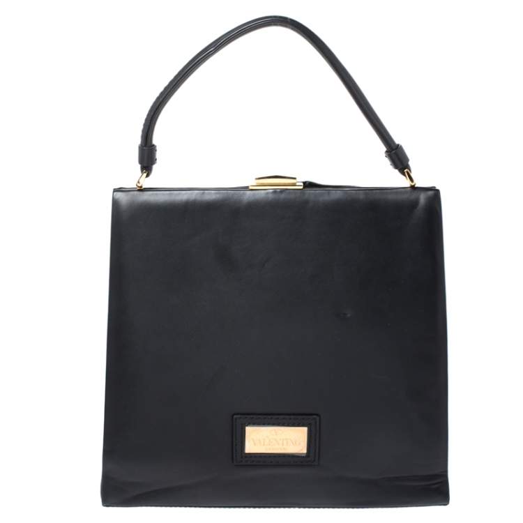 Pre Owned Valentino Black Leather Rose Kisslock Frame Top Handle Bag