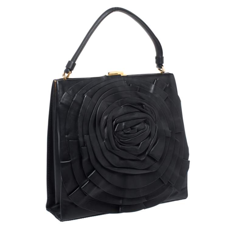 Pre Owned Valentino Black Leather Rose Kisslock Frame Top Handle Bag