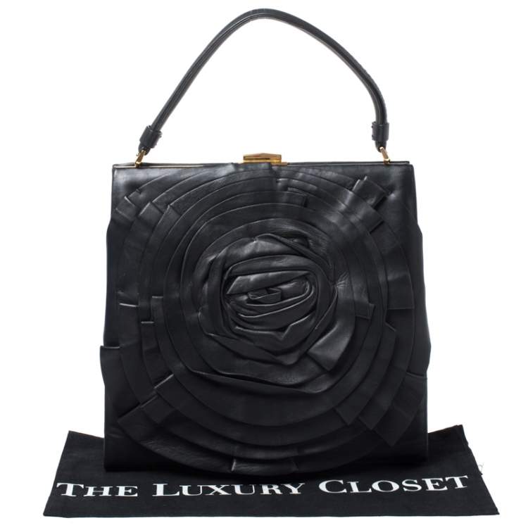 Pre Owned Valentino Black Leather Rose Kisslock Frame Top Handle Bag