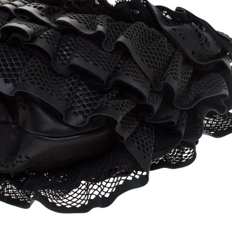 Pre Owned Valentino Black Leather Mesh Ruffle Hobo