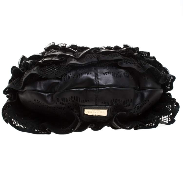 Pre Owned Valentino Black Leather Mesh Ruffle Hobo