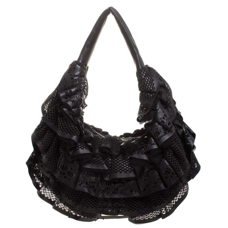 Pre Owned Valentino Black Leather Mesh Ruffle Hobo