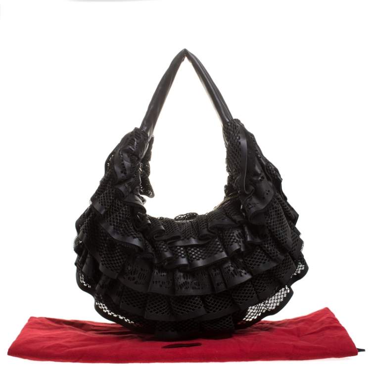 Pre Owned Valentino Black Leather Mesh Ruffle Hobo