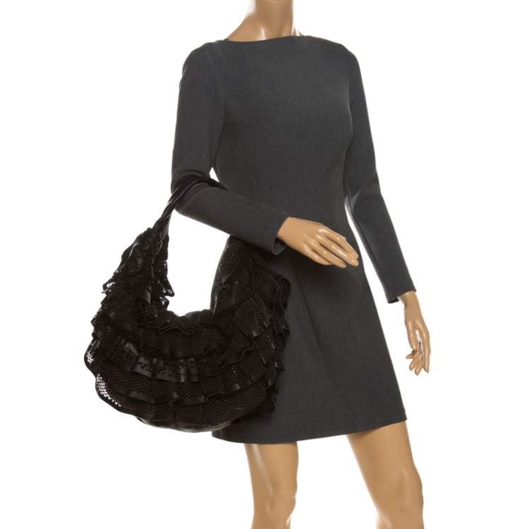 Pre Owned Valentino Black Leather Mesh Ruffle Hobo