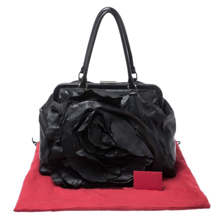 Pre Owned Valentino Black Leather Petale Rose Frame Bag