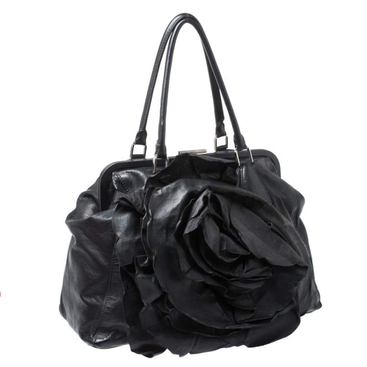 Pre Owned Valentino Black Leather Petale Rose Frame Bag