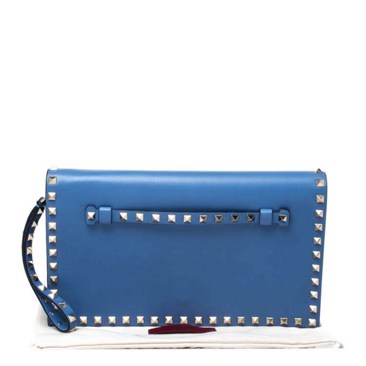 Pre Owned Valentino Blue Leather Rockstud Wristlet Clutch 