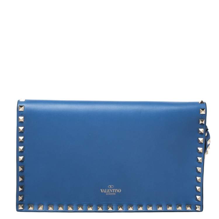 Pre Owned Valentino Blue Leather Rockstud Wristlet Clutch 