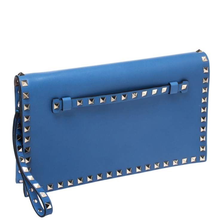 Pre Owned Valentino Blue Leather Rockstud Wristlet Clutch 