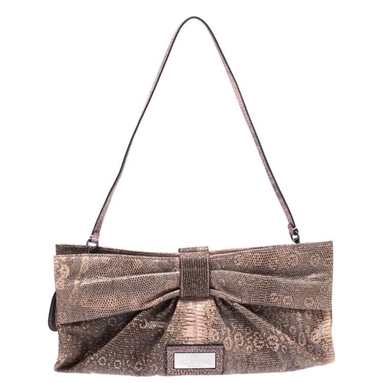 Pre Owned Valentino Pink/Black Lizard Bow Chain Clutch