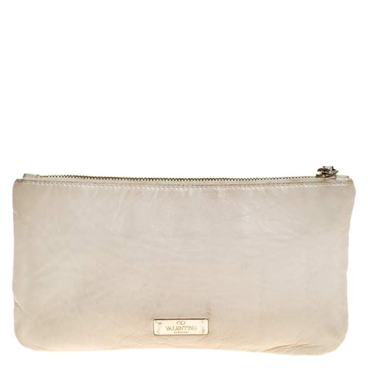 Pre Owned Valentino Off White Leather Wristlet Pouch