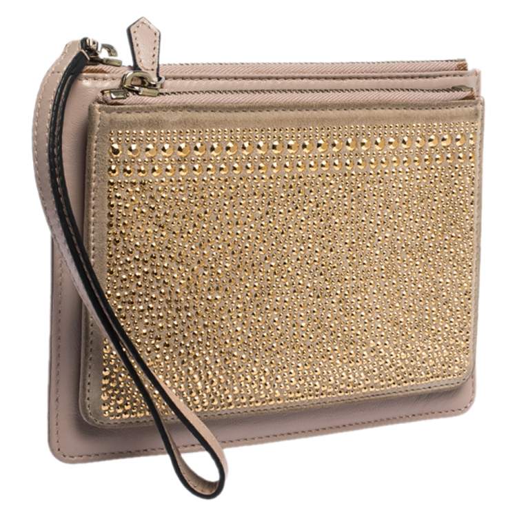 Pre Owned Valentino Nude Beige/Gold Leather and Suede Studded Wristlet Pouch