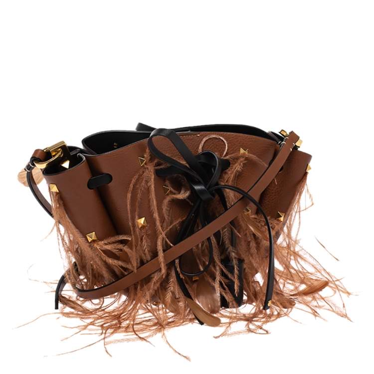 Pre Owned Valentino Brown Leather and Feather Small VLogo Bucket Bag