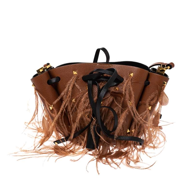 Pre Owned Valentino Brown Leather and Feather Small VLogo Bucket Bag