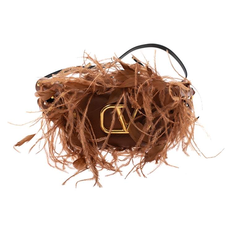 Pre Owned Valentino Brown Leather and Feather Small VLogo Bucket Bag