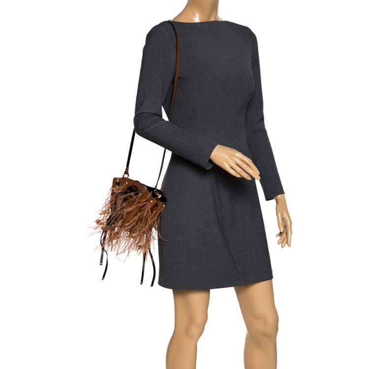 Pre Owned Valentino Brown Leather and Feather Small VLogo Bucket Bag