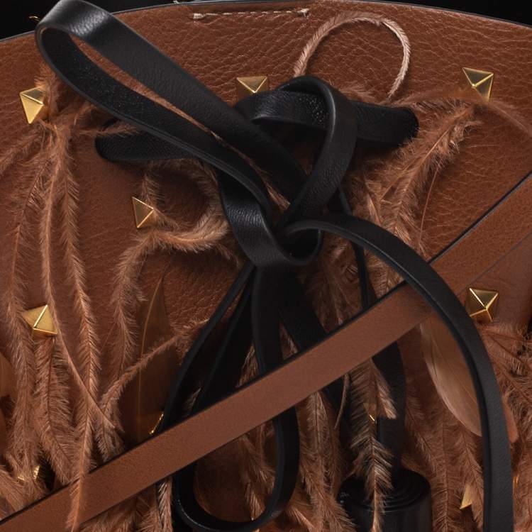 Pre Owned Valentino Brown Leather and Feather Small VLogo Bucket Bag