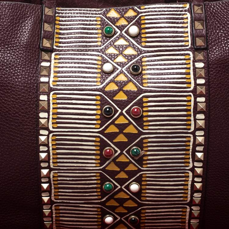 Pre Owned Valentino Burgundy Leather Tribal Rockstud Tote