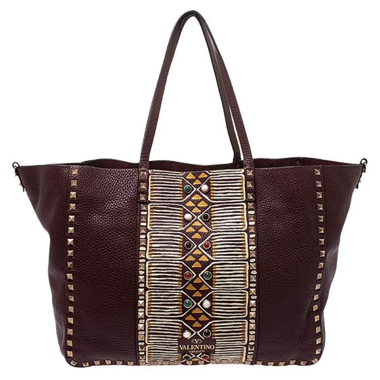 Pre Owned Valentino Burgundy Leather Tribal Rockstud Tote
