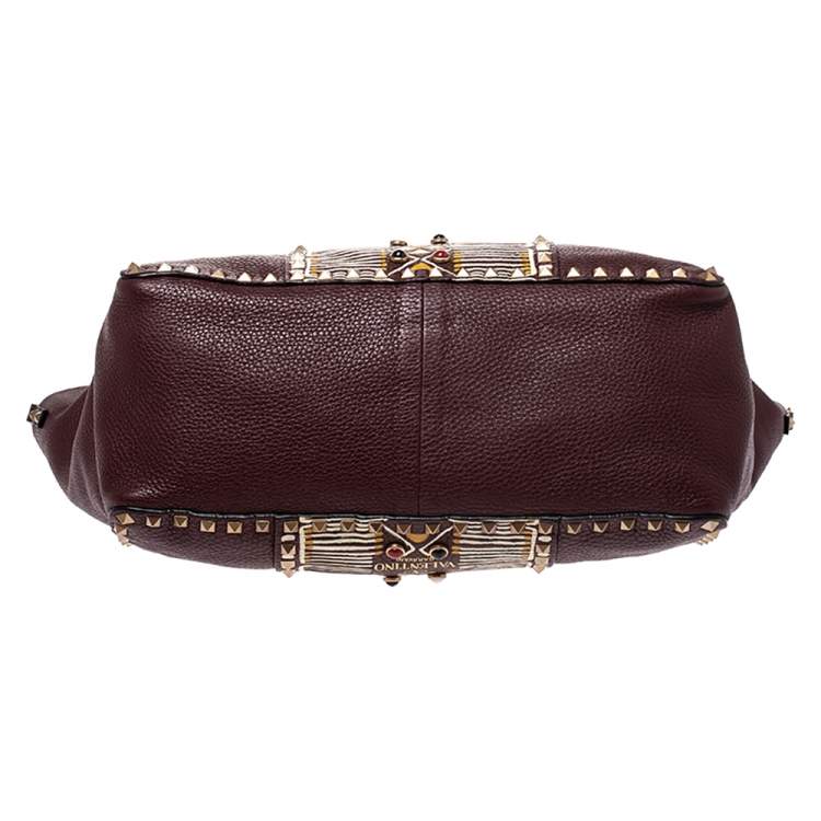 Pre Owned Valentino Burgundy Leather Tribal Rockstud Tote