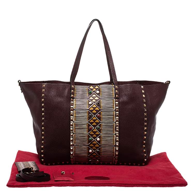 Pre Owned Valentino Burgundy Leather Tribal Rockstud Tote
