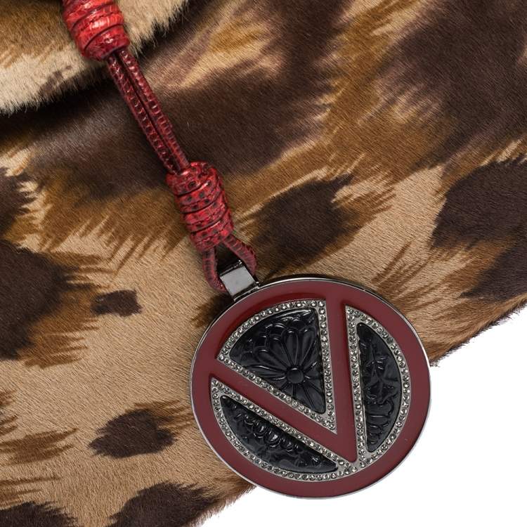 Pre Owned Valentino Brown/Red Printed Calfhair and Lizard V Ring Hobo