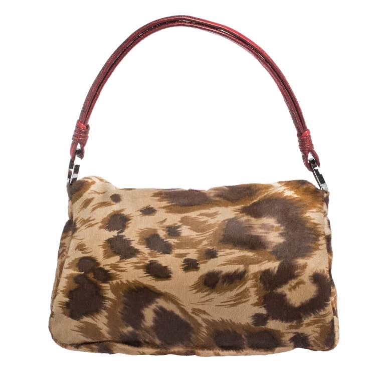 Pre Owned Valentino Brown/Red Printed Calfhair and Lizard V Ring Hobo