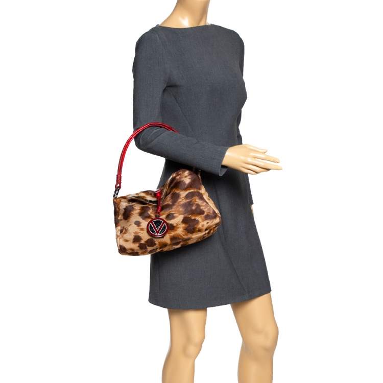 Pre Owned Valentino Brown/Red Printed Calfhair and Lizard V Ring Hobo