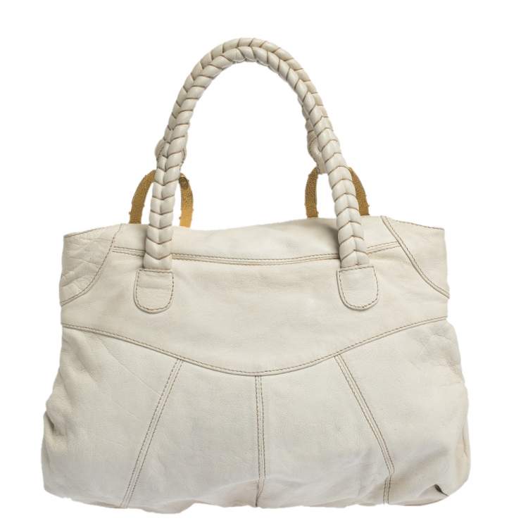Pre Owned Valentino White Leather Braided Handle Hobo