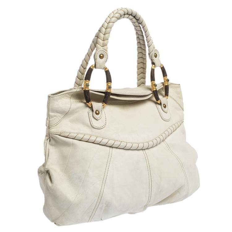 Pre Owned Valentino White Leather Braided Handle Hobo