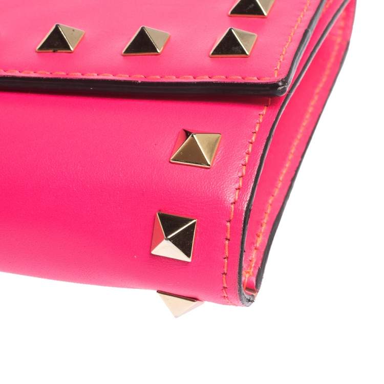 Pre Owned Valentino Neon Pink Leather Rockstud Wristlet Flap Clutch