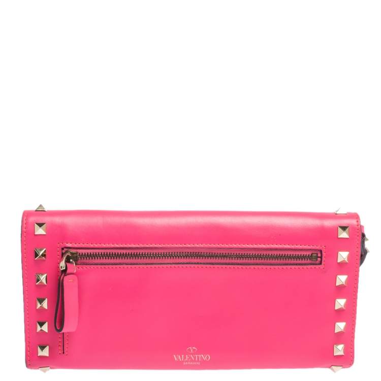 Pre Owned Valentino Neon Pink Leather Rockstud Wristlet Flap Clutch