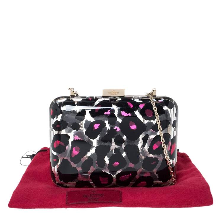 Pre Owned Valentino Pink Leopard Print Plexiglass Chain Clutch
