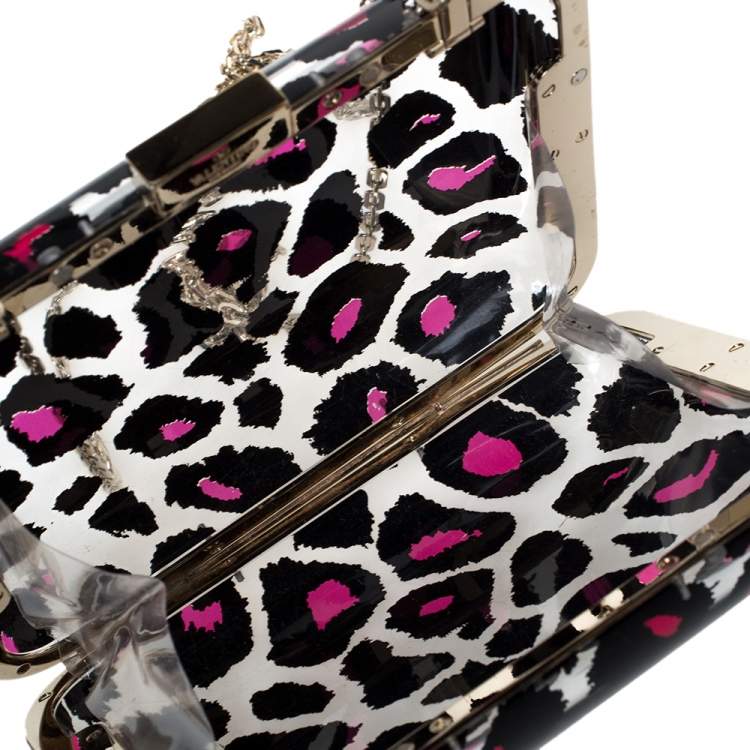 Pre Owned Valentino Pink Leopard Print Plexiglass Chain Clutch